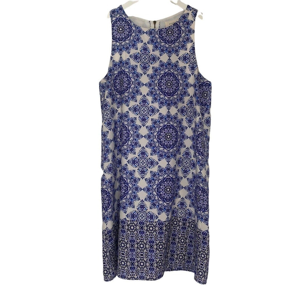Everly Porcelain Print Shift Dress Lined White Blue Above the Knee Size S
